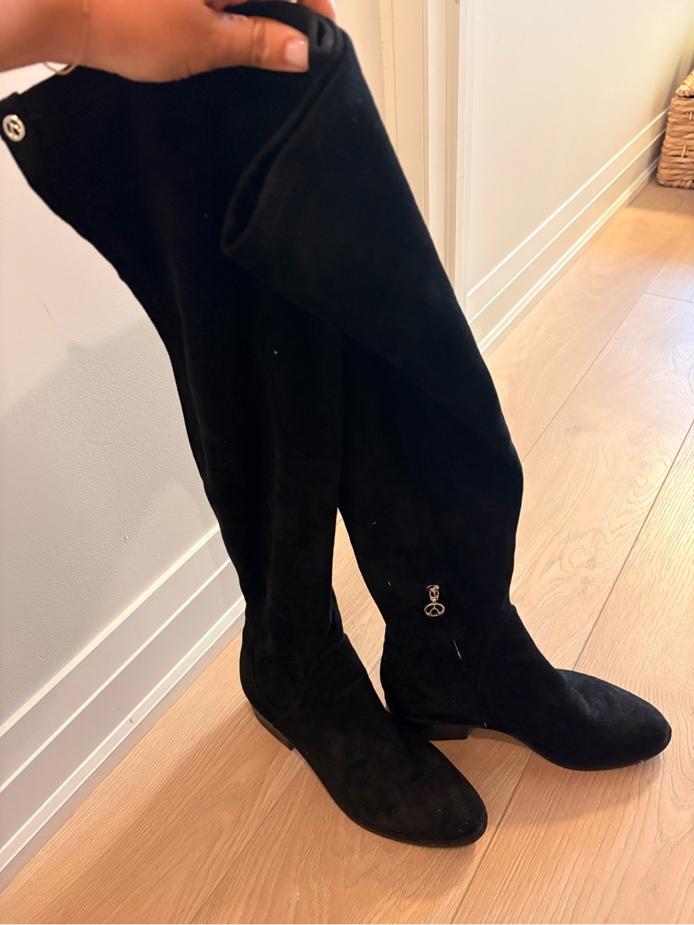 Women's Black Suede Over-the-Knee Boots with Logo Accent
